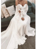 Off Shoulder Ivory Chiffon Pearl Buttons Back Wedding Dress